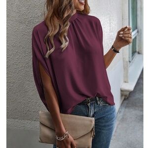 Burgundy Blouse Top Flowy, High Neck